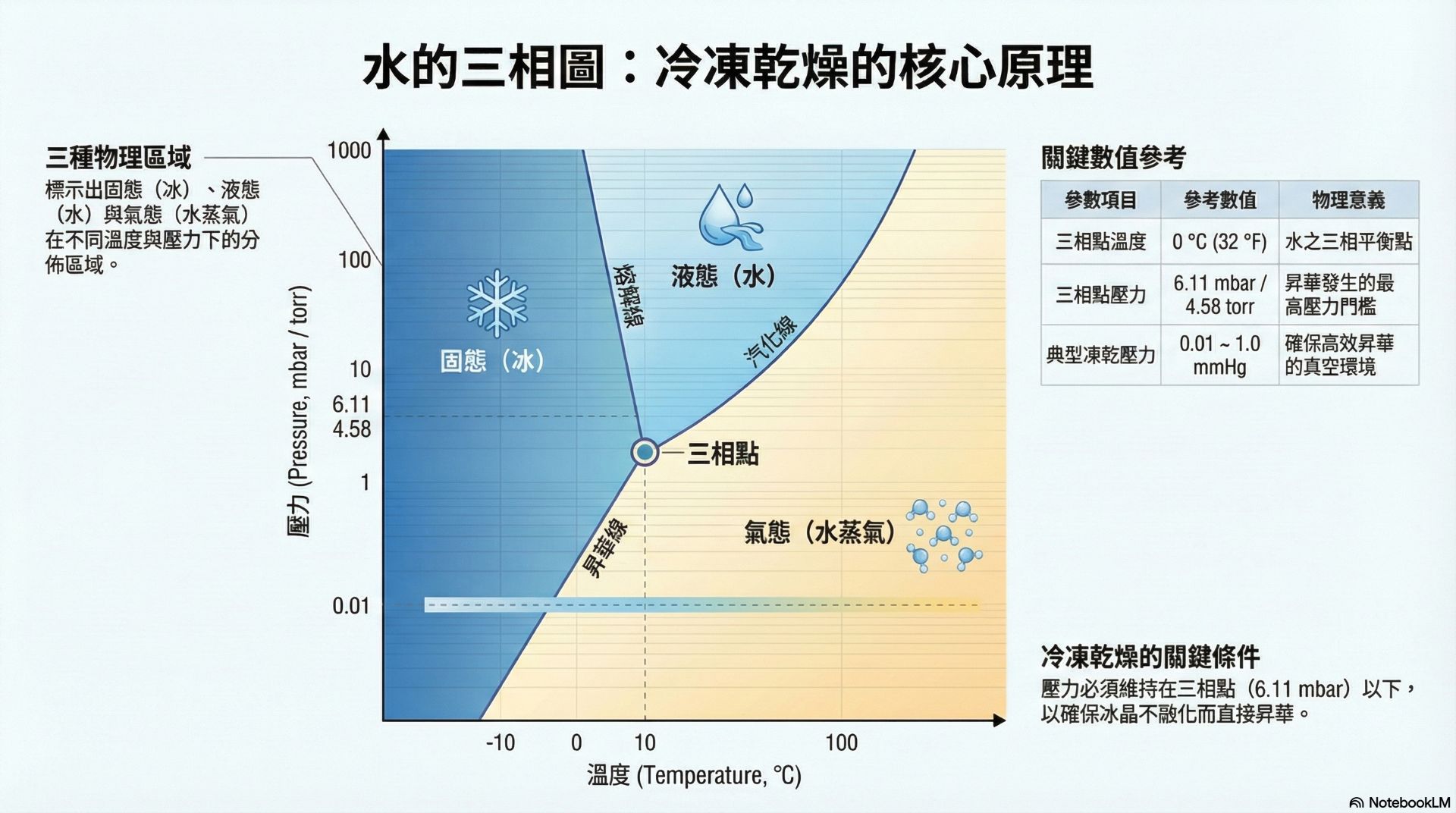 冷凍乾燥原理-水的三相圖與昇華路徑示意圖-科新科技